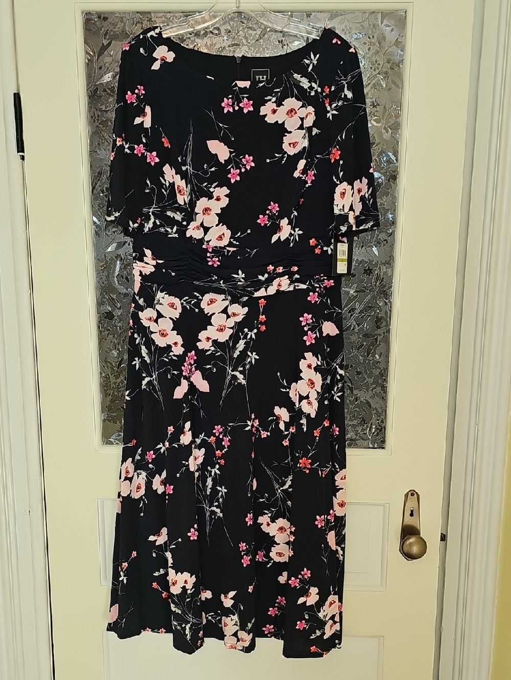 Black Floral Midi Dress with Pink Blossom Print